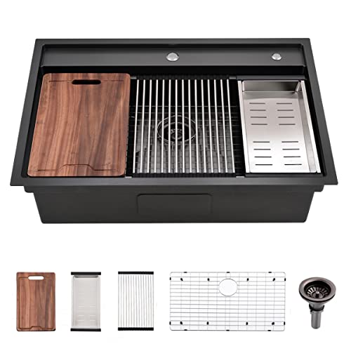 33X22-Inch Black Drop In Splash Guard Kitchen Sink Workstation - Vokim 33 Inch Single Bowl Kitchen Topmount Sink 16 Gauge Stainless Steel 10'' Deep Handmade Kitchen Sink With Cutting Board& Strainer #TOP29