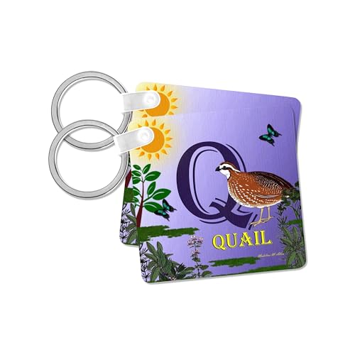3dRose, Decorative Animal Alphabet Art for children - Q is for Quail that is walking by, set of 2 Key Chains