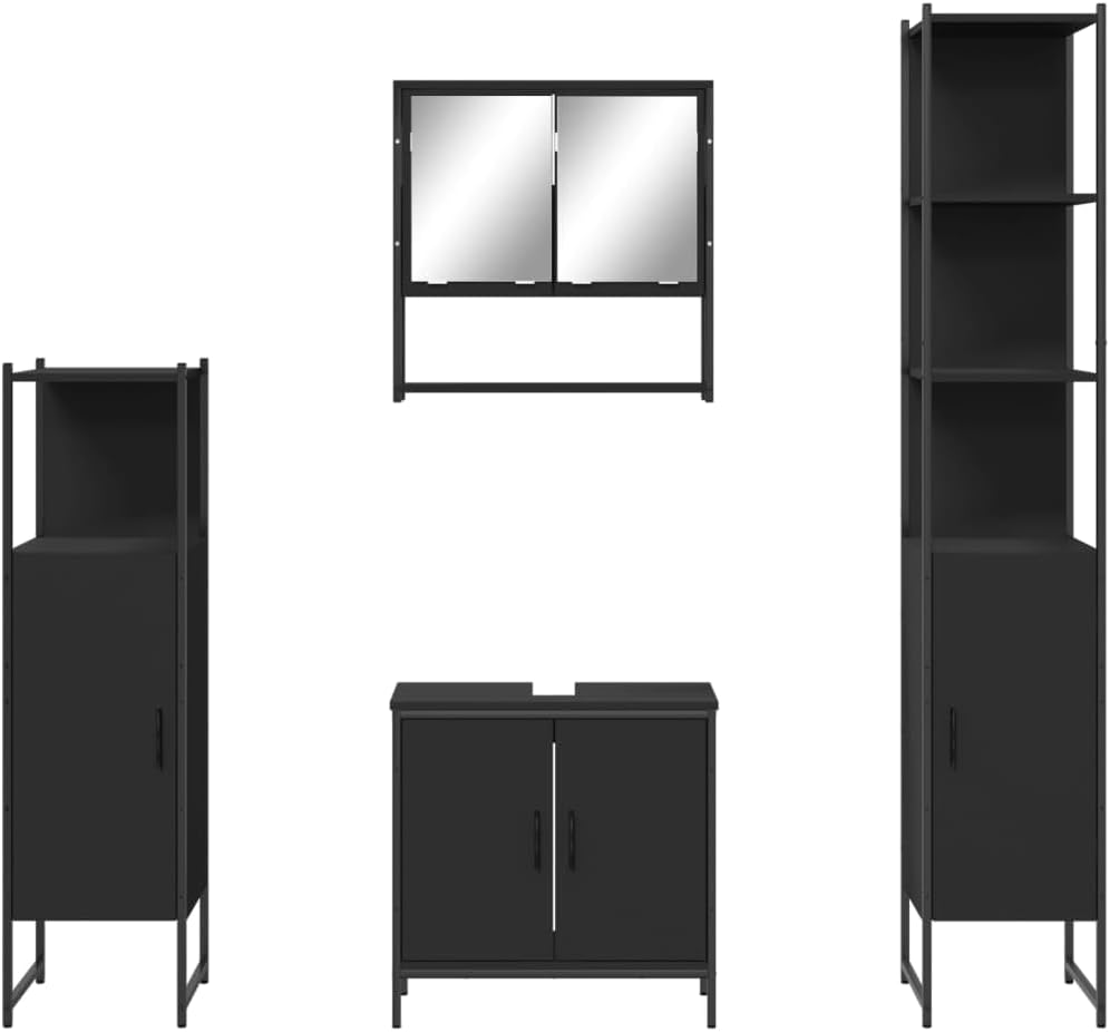 vidaXL 4-Piece Bathroom Furniture Set - Black Engineered Wood, Includes Wall-Mount Mirror Cabinet, Sink Cabinet, Storage Units, 3214710