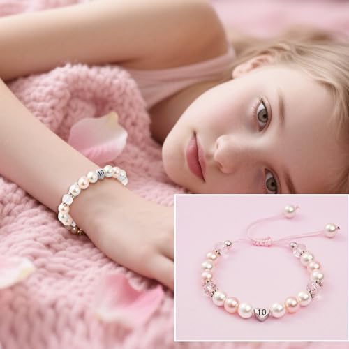 Birthday Gifts for Girls Bracelets, Beaded Bracelets as 1 3 4 5 6 7 8 9 10 11 Year Old Girl Birthday Girls Presents, Adjustable Pearl Bracelet with Letter as Birthdays Girl for Daughter Niece2