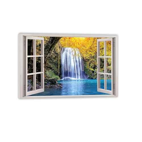 MOBYAT Mural de ventana de imitación 3D con ventana falsa de cascada de bosque,para sala de estar,comedor,decoración de pared,de 60x40cm(24x16in) marco interior