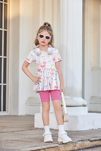Image of Arshiner Girls Summer Outfits Short Sleeve Ruffle Hem Top and Biker Shorts Set Girl Clothes 4-15 Years