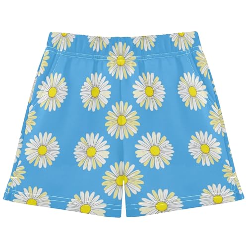 Girls Athletic Shorts Daisies White Pale Yellow Petals Print Comfy Casual Summer Youth Pajama Sleep Shorts, X-Small