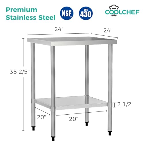 Image of Stainless Steel Work Table 24 x 24 Inch, NSF Commercial Prep Table with Undershelf, Heavy Duty Food Prep Workstation