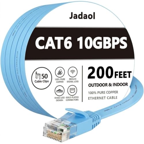 Image of Jadaol Cat6 Ethernet Cable 200FT with Clips 10Gbps Flat Network Cable, Blue
