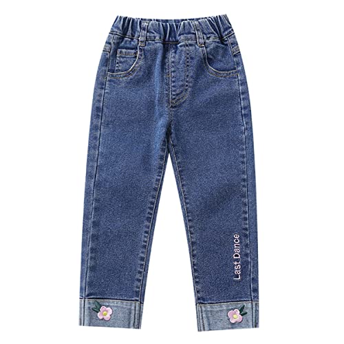 Baby Kids Girls Elastic Waist Cartoon Simple Design Ripped Jean Casual Pocket Denim Pants
