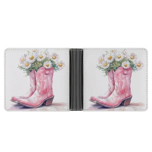 Watercolor Pink Cowgirl Boot Vase Daisies Soft PU Leather Bifold Wallet, Coin Purse Credit Pass Case, Durable Card-Holder Slim Billfold for Men Woman Money Storage3