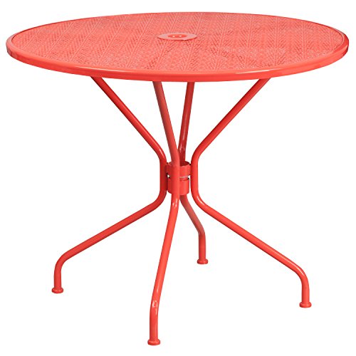 Image of Flash Furniture Oia Commercial Grade 35.25 inch Round Coral Indoor-Outdoor Steel Patio Table with Umbrella Hole