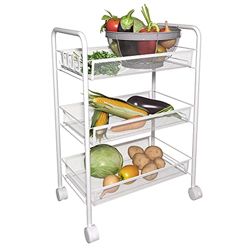 BLOVE 3-Tier Mesh Wire Metal Rolling Cart Multifunctional Utility Cart Kitchen Storage Cart Organizational Rack Trolley with Lockable Wheels Home Kitchen Bedroom Office Serving Cart(White, 3-Tier)
