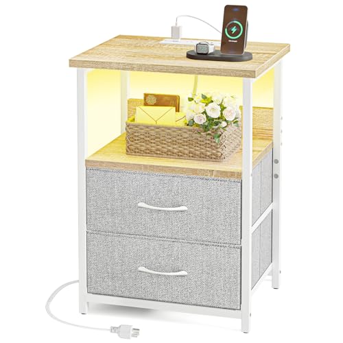 Image of Fixwal Night Stand with Charging Station, LED Nightstand with U-S-B Ports and Outlets, 2 Fabric Storage Drawers with PU Finish, Small Bedside Table, Natural Oak & Light Grey