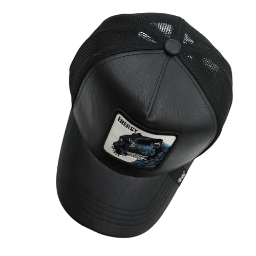 Image of kill off Leather Baseball Cap Panther Patch Cap Trucker for Men Snapback Mesh Animal Patch Hat Men's Black Djustable Baseball Hat Streetwear Fashion Hat