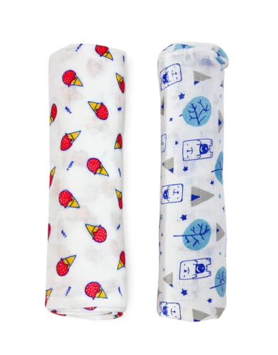 Image of Swaddle for Babies -100% Muslin Cotton Soft Swaddle /Blanket /Multipurpose Wrap for New Born Baby Girl & Boy | Perfect for Gifting | 100x100 cm | 0-6 Months, Set of 2, (Bear & Ice-Cream Print)
