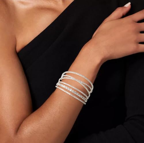 Rhinestone Cuff Bracelet for Women 2Pieces Multilayer Rhinestone Bracelet Sparkling Crystal Bridal Bracelet for Party Prom Wedding3