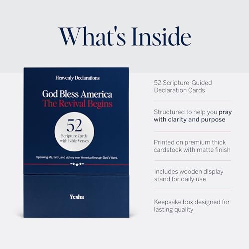 Image of Yesha 52 God Bless America Prayer & Declaration Cards | Patriotic Scripture Cards for Daily Prayer Over the Nation | Christian Gift for Independence Day, July 4 & National Day of Prayer | Wooden Stand & Keepsake Box