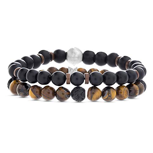 Steve Madden Men's Black and Brown Bead Stretch Bracelet Set in Stainless Steel