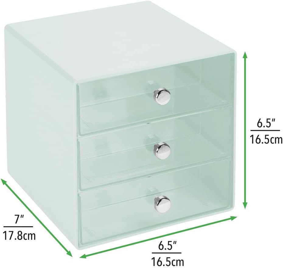 mDesign Stackable Plastic Eye Glass Storage Organizer Box Holder for Sunglasses, Reading Glasses, Lens Cleaning Cloths, and Accessories - 3 Divided Drawers, Chrome Pulls, 2 Pack - Mint Green/Clear