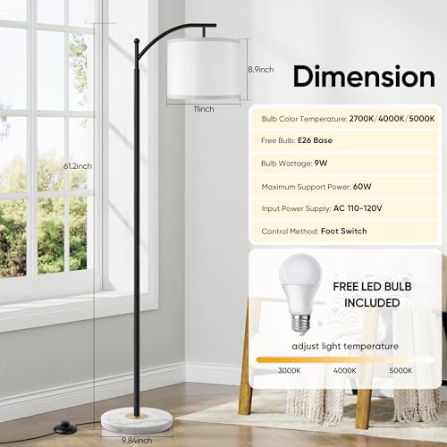 Image of Floor Lamp for Living Room with Marble Base, Modern Standing Lamp with 3 Color Temperatures Bulb & Adjustable Linen Shade, Tall Lamp for Bedroom Office Reading Nursery
