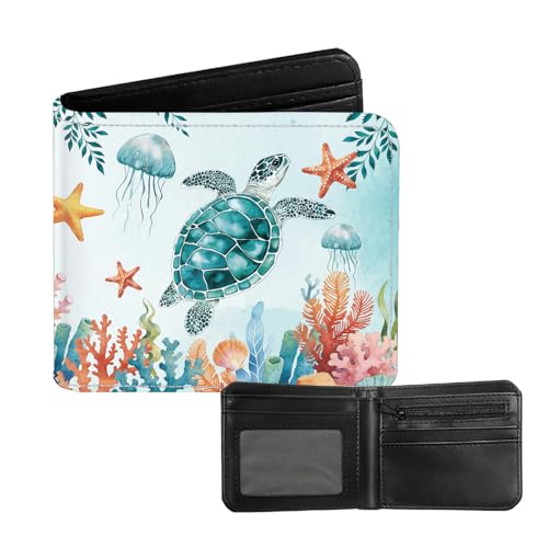 Sea Turtle PU Leather Bifold Wallet for Women Men, Gift for Ocean Lover