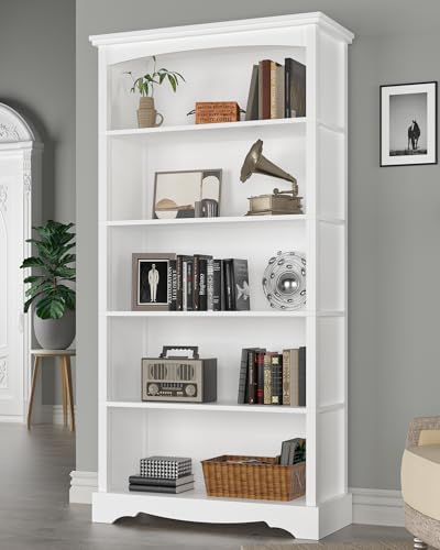TVU 5 Tier Bookcase and Bookshelf, Wood 65 Inch Tall Bookshelf with Storage, Floor Standing Display Book Shelf for Living Room, Office, Study, Entryway (White) - Thumbnail 2