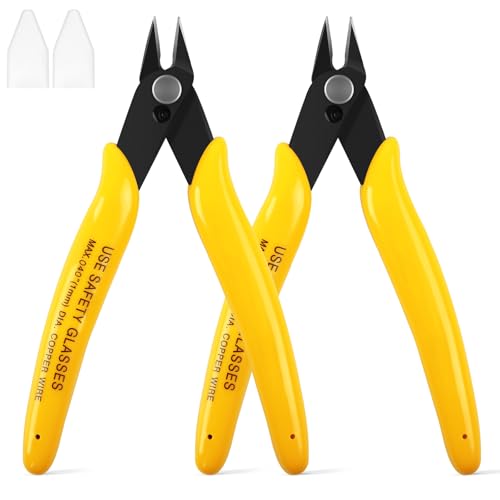 Image of 2 Pcs 170 5-Inch Flush Cutters, Micro Wire Cutters Spring Loaded, Sharp Zip Tie Cutter for Electronics, Jewelry, Precision Pliers for 3D Print Brackets, Models, Floral, Soft Copper, Yellow
