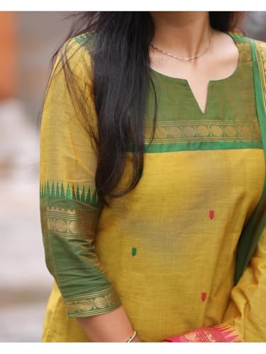 Image of TWINLIGHT Women's Kanchi Cotton Jaquard Work Kurta and Dupatta Set with V Neck 3 /4 Sleeves Straight Calf Length Kurti and Jaquard Work Border Dupatta