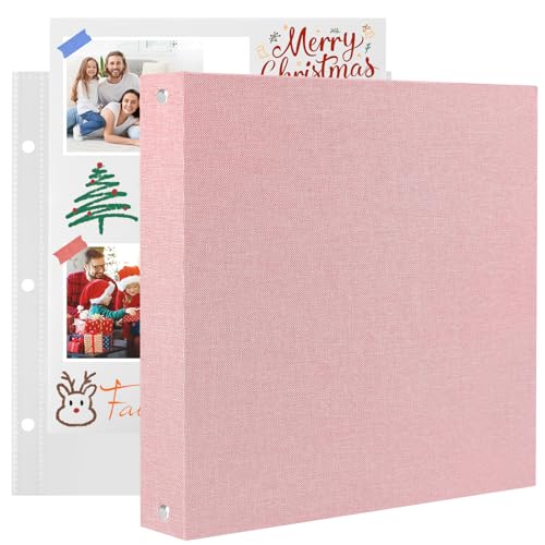 AIOR 手作りアルバム スクラップブック 30x30cm、ポケット20個付き、白台紙 20 枚/40 ページ DIY フォトアルバム リネンカバー 写真集 子供 成長記録 記念日 誕生日や結婚式用 (ピンク)
