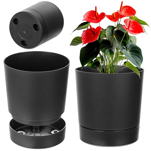 KADAX Blumentopf mit Untersetzer, Durchmesser 20cm, Übertopf aus Kunststoff für Innen, Pflanztopf mit Matter Oberfläche für Zimmerpflanzen (Schwarz)
