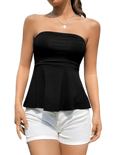 GORGLITTER Damen Tube Top Bauchweg Oberteile Trägerlos Sommertop Lässiges Bandeau-Top Ärmellos Crop Tops Ausgestellt Freizeittop Sommer Urlaubstop Schwarz L