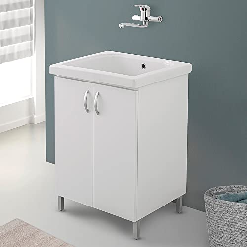 Mobile lavatoio lavanderia in legno con vasca in ceramica, con strofinatoio integrato, completo di kit sifone + piletta (Bianco, 60x50 cm 2 ante)
