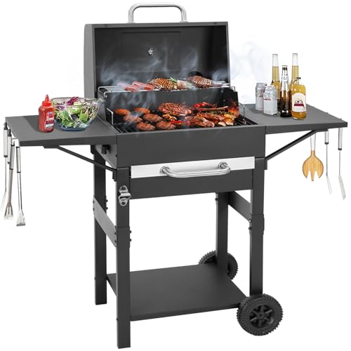 Portable BBQ Barbecue Grill Outdoor Compact Smoker Barbeque Charcoal BBQ Grill Smoker with Side Shelves Temperature Gauge Warming Rack and Air Vents for Camping and Garden