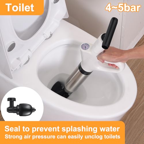 Compressed Air Pipe Cleaner, Drain Cleaner Pump with Air Compression and Air Pressure Indicator, Compressed Air Pipe Cleaner with 4 Suction Cups for Sinks, Toilets, Bathrooms, Showers, Kitchens - Image 3