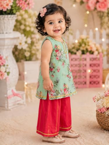 Image of Pspeaches Girls Georgette Sleeveless Round Neck Floral Print Kurta With Palazzo 2 Piece Set|Ethnic Wear For Cute Baby Girls|Traditional & Festive Outfit