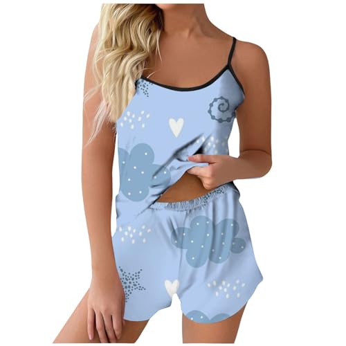 Conjunto de pijama cómodo para mujer, pijama y pantalones de verano para dormir y descansar, azul claro, XL