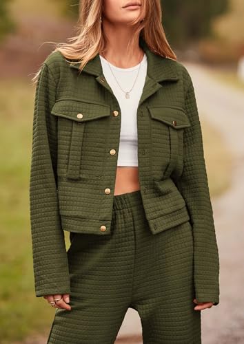 Image of PRETTYGARDEN Womens Two Piece Sets Fall 2026 Long Sleeve Button Down Shacket Jacket Long Sweatpants Tracksuit Winter Clothes