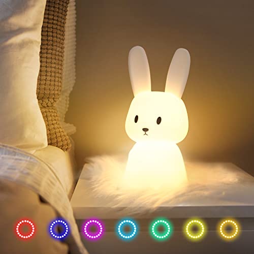 Image of Afootry Night Light for Kids, Cute Bunny Night Light Gifts for Kids Room Nursery Baby Bedroom Toddler Teen Girls Kawaii Room Decor,Rechargeable Silicone Bunny Cute Lamp with 3 Hours Timer&7 Colors