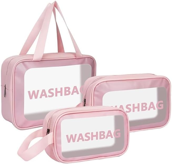 Niwlix Makeup Pouch Travel Toiletry Bag for Women Travel Pouch Cosmetic Makeup Bag Transparent Pouches for Women Set of 3 (Pink)