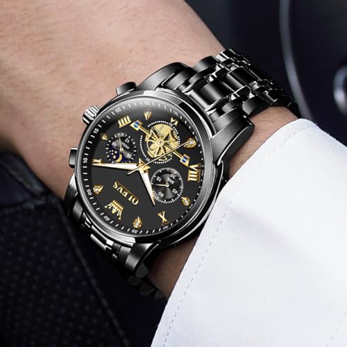 Image of OLEVS Watch for Man Analog Quartz Skeleton Chronograph Diamond Watches Stainless Steel Moon Phase Calendar Waterproof Dress Watches