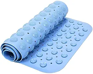 NSXEEN Premium PVC Silicone Shower Bath Mat Anti Slip Bathtub Bathroom Met with Suction Cup, Drain Hole & Anti Skid Non-Slippery Rubber Floormat for Toilet Kitchen (Sky Blue Medium-68.5X35.5 CM)