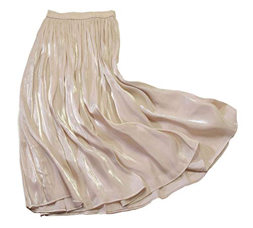 CHARTOU Womens Silky Lustrous Elastic Waist Pleated Accordion Midi Long Skirts (Free Size, Beige)