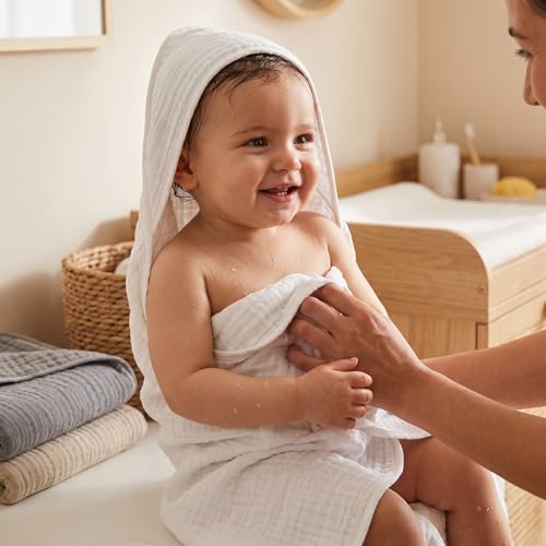 Image of Peryiter 4 Pcs Muslin Hooded Baby Towels, 32 inchx 32 inch Cotton Newborn Bath Towel Muslin Infant Baby Blankets Absorbent Unisex Newborn Registry Gift Essentials for Girls Boys (Gray Series)