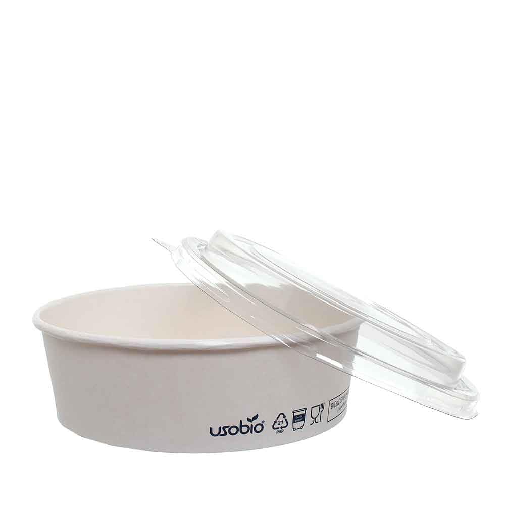 Ciotole Compostabili con Coperchio Usobio in Cartoncino Bianco Antigrasso, Contenitori Take Away per Insalate, Poke e Delivery, Coperchio PET Trasparente VARI FORMATI (1000, Millilitri)