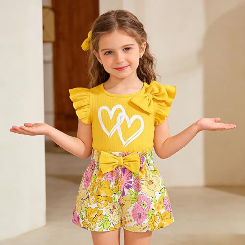 Image of 3-8 T Toddler Girls Clothing Set Ruffle Sleeve Bow Tie Top + Floral Shorts Set
