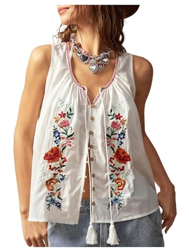 GORGLITTER Women's Floral Embroidered Tops Y2K Sleeveless Scoop Neck Button Down Tank Top