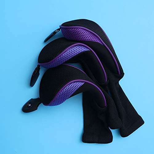 Conjunto de 3 peças de capa de cabeça de taco de golfe LIOOBO com 5 etiquetas (roxo)
