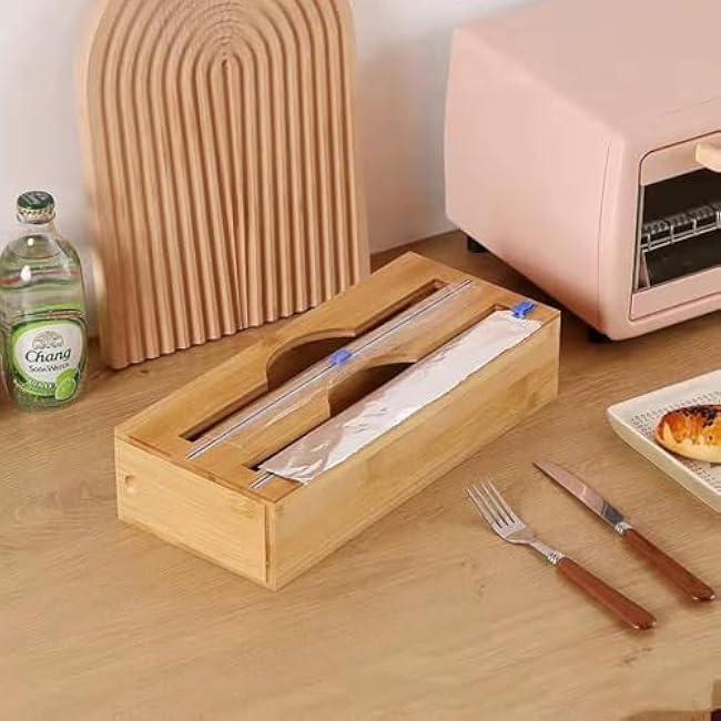 Plastic Wrap Dispenser With Cutter,Reusable Food Wrap Cutter,Adjustable Cling Film Cutting Box,Kitchen Drawer Organizer For Foil And Plastic Wrap Cutter