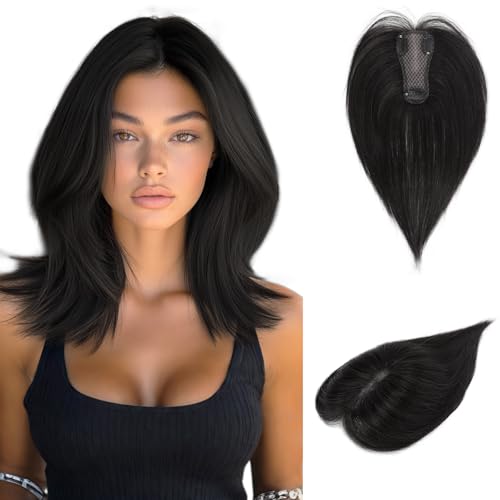 RUWISS Topper pelo Natural Mujer Topper Cabello Humano Liso Real Humano Hair Topper Ligero Clip en Postizos sin Flequillo, Negro Natural