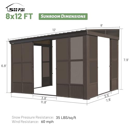 SHPAI 8x12FT Wall Mounted Sunroom Kit with 3 Sliding Double Doors (Front and 2 Sides), Patio Small Solarium All Season, Enclosed Lean to Gazebo with Galvanized Steel Roof and PC Windows for Backyard - Image 5