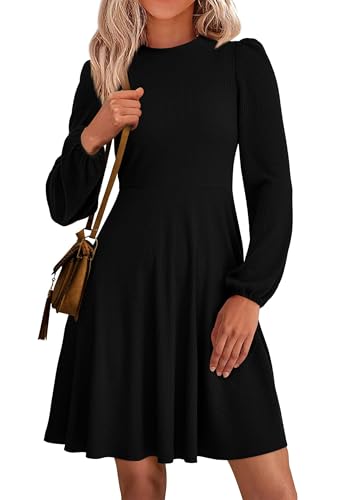 Image of PRETTYGARDEN Womens A Line Long Sleeve Mini Dress | Soft Stretchy Ribbed Knit, Crew Neck High Waist, Flowy Babydoll Dresses with Pockets, Fall Fashion Party Going Out Wear