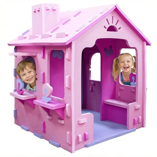 Image of Costzon Playhouse, EVA Foam Kids Indoor Cottage Playground w/Roof, Chimney, Windows & Doorways, No-Tools Required Assembly, Toddler Playset for Boys Girls (Pink)