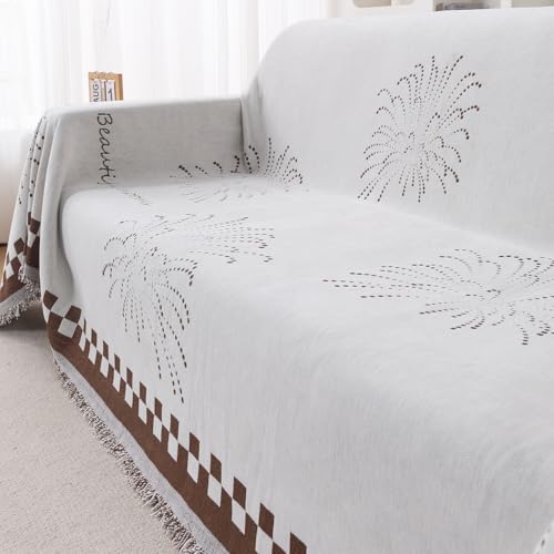 Image of HOKIPO Printed 320 GSM Chenille Sofa Cover Throw Blanket for 3 Seater Sofa - All Season, 'Serene Abode Series' Brown Dot Burst (180x310 cm) (AR-6633-D6)